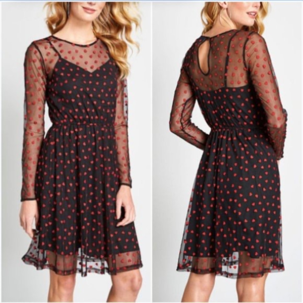 ModCloth Black Sheer Long-Sleeve Dress with Red Heart Print